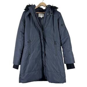 Maralyn & Me Puffer Coat Womens L Black Faux Fur Hooded Winter Parka Warm Lined